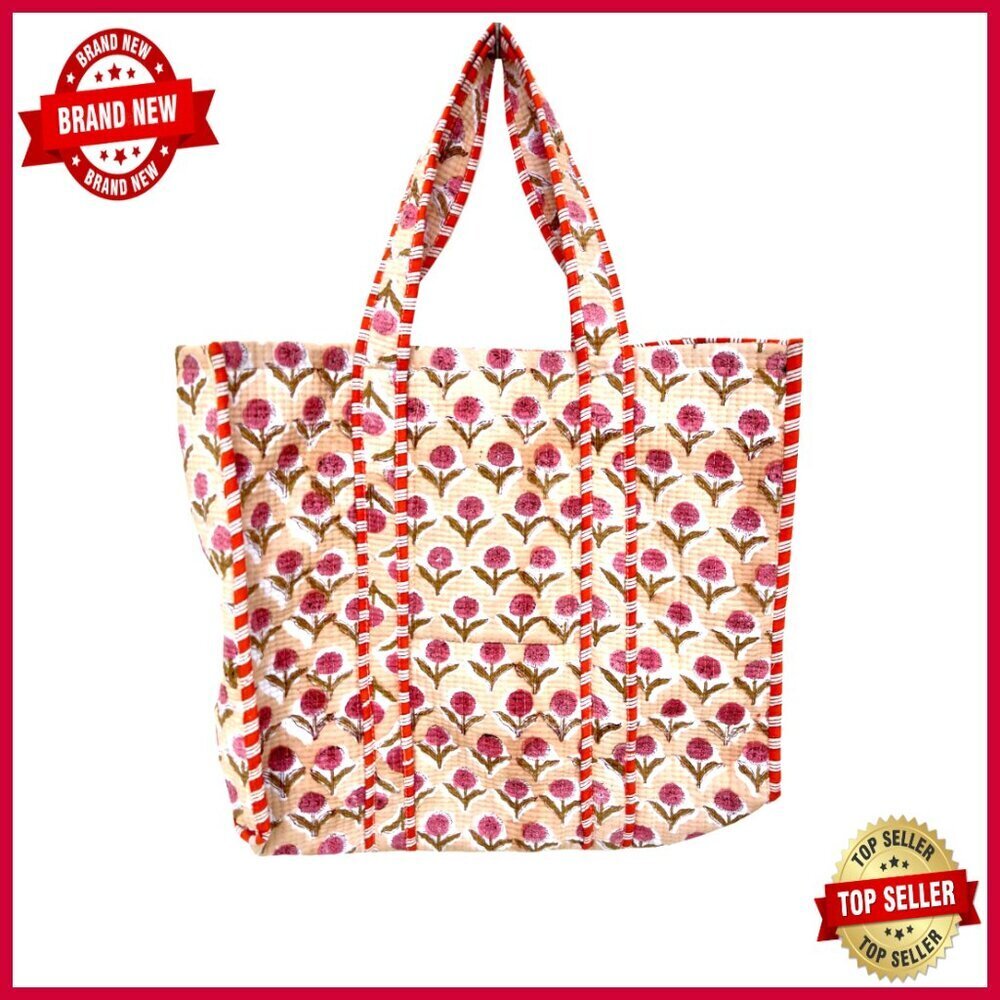 Large Reversible Quilted Cotton Tote Bag Hand Block Print Floral